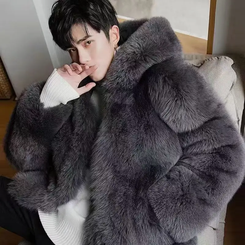 2024 New Winter Thicken Men's Fur Warm Soft Artificial Fox Plush Hoodies with Hat Fashion Light Luxury Top Coat Male Windbreaker - Image 5