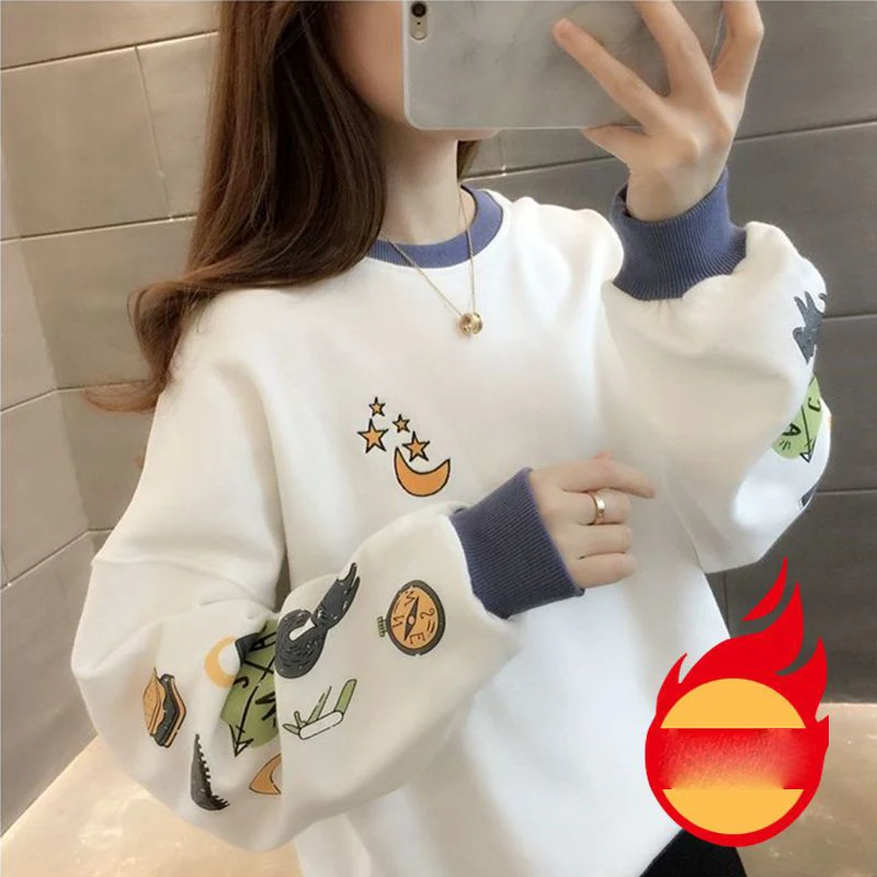 Fashion O-Neck Loose Printed Korean Sweatshirts Female Clothing 2023 Winter Oversized All-match Tops Casual Warm Sweatshirts