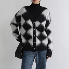 

Women Fashion Knits Sweater Long Sleeve Rhombus Patchwork Round Neck Pullover Loose Thicken Casual Spring Fall Ladies Sweater