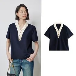 TOYOUTH Women's Colorblock Polo Collar T-Shirt - Summer Short Sleeve Top - S (Navy Bule)