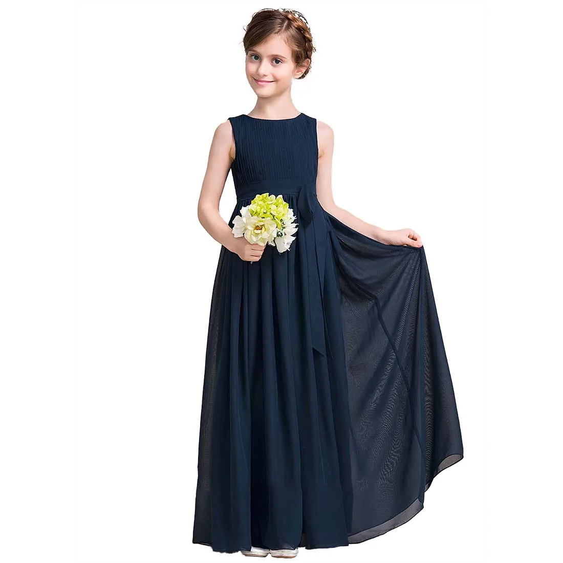 YZYmanualroom Junior Bridesmaid Dresses Flower Girl Dress A-line Scoop Floor-Length Chiffo Wedding Party 4-15T(5 Colors)