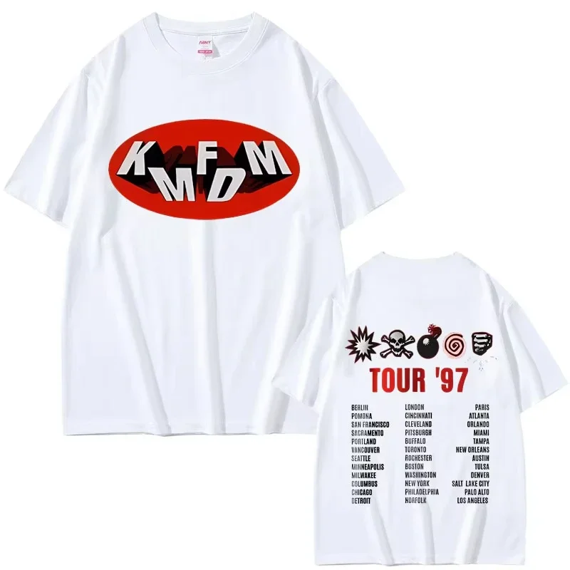 록 밴드 Kmfdm 투어 97 그래픽 프린트 티셔츠 여름 남녀 빈티지 고딕 펑크 스트리트웨어 남성 캐주얼 순면 티셔츠