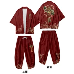 Two-piece Suit Dragon Print Japanese Cardigan Women Men Cosplay Yukata Clothing Harajuku Samurai Kimono + Pants Sets