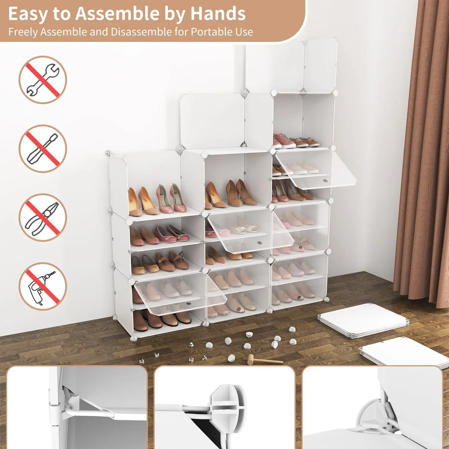 Portable Shoe Rack Organizer with Door, White Shoe Storage