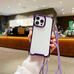 Universal Lanyard Crossbody Strap Armor Clear Phone Case - S21 FE (Purple)
