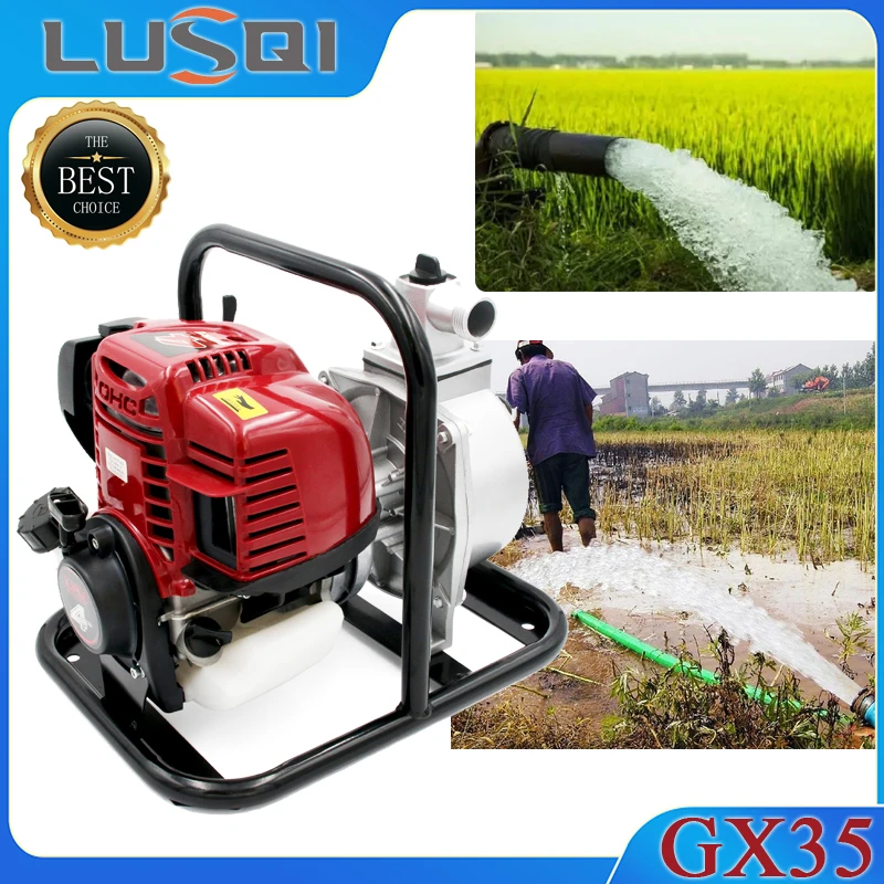 

Малогабаритный 4-тактный бензиновый водяной насос высокого давления LUSQI GX35, 1 дюйм, для орошения сельскохозяйственных земель, полива сада