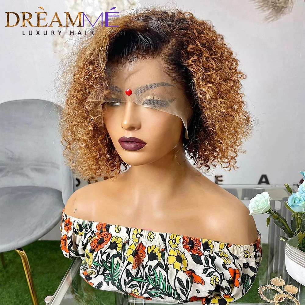 Honey Blonde Colored Short Curly Bob 13X4 Lace Front Human Hair Wigs Brazilian kinky curly Lace Closure Frontal wig For Women