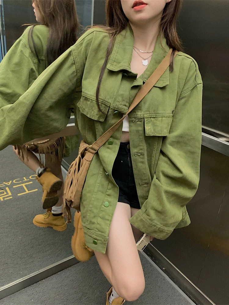 

Женская джинсовая куртка с длинным рукавом, зеленая однобортная Свободная Повседневная джинсовая куртка с отложным воротником в уличном стиле, осень 2022