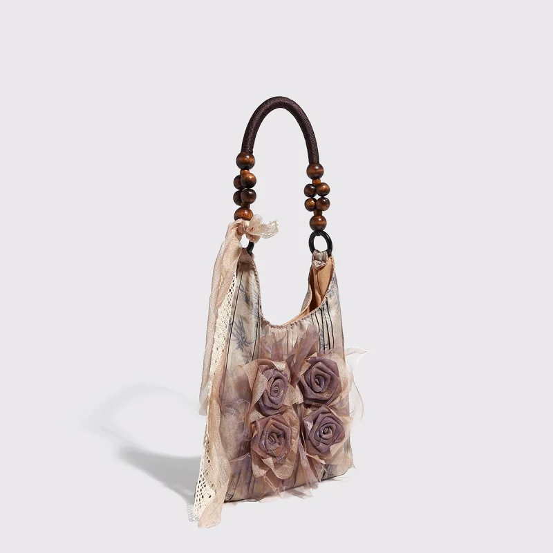 Vintage Chinese Style Botanical Tie Dye Rose Flower Fold Shoulder Tote Bag for Commute Handbag
