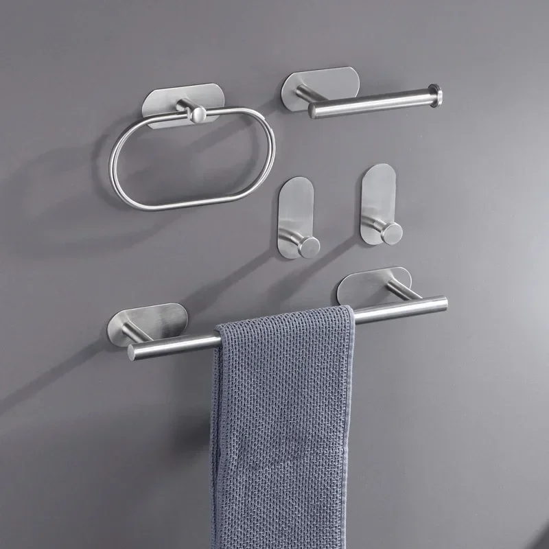Stainless Steel No Drilling Self-adhesive Towel Bar Paper Holder Robe Hook Towel Rack Bathroom Hardware Set