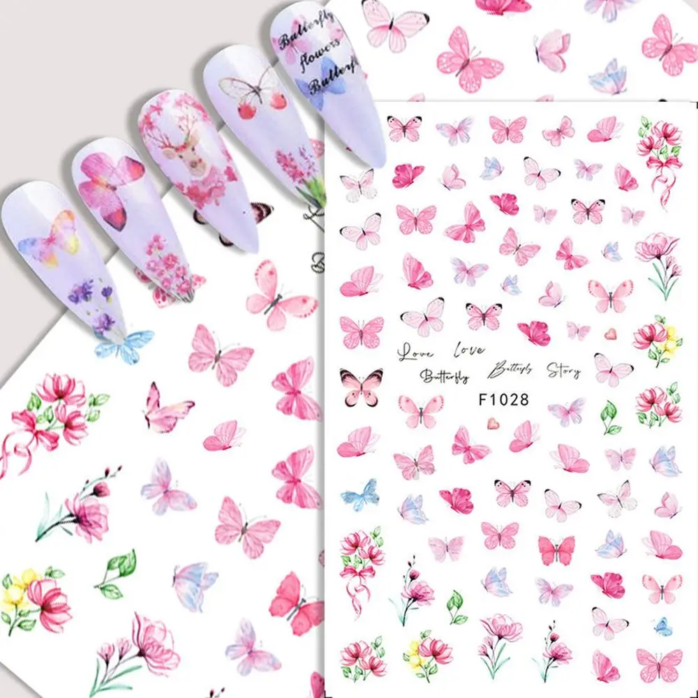 3D Design 3D Nail Art Decals Blossom Pink Flowers Design Nail Decorations Purple Petals Butterflys Pattern Fashion Nails