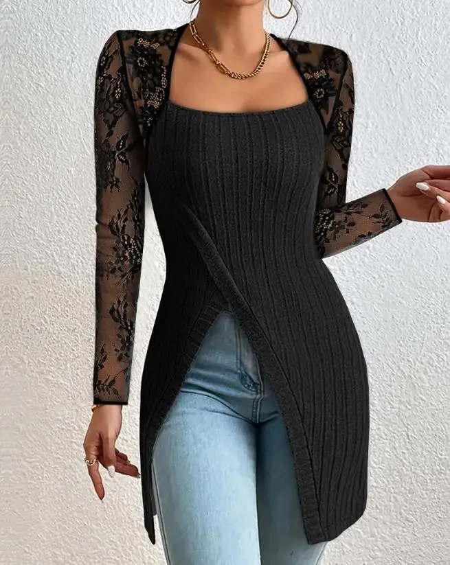 

Robe Women's Clothing Fashion Blouses Lace Patch Overlap Long Sleeve Top Casual Versatile Square Neck Tee Pullovre 2023 Autumn