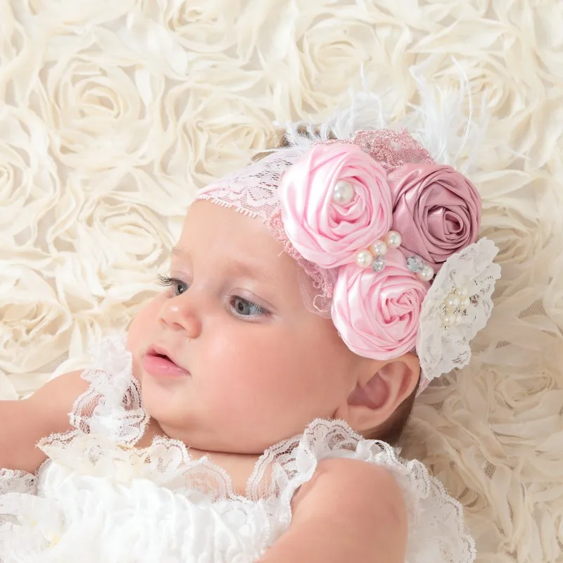 

Dollbling Satin Rosettes Birdcage Veil TanFabric Flower Headband Baby Girls Vintage Hair Accessory Photography Props