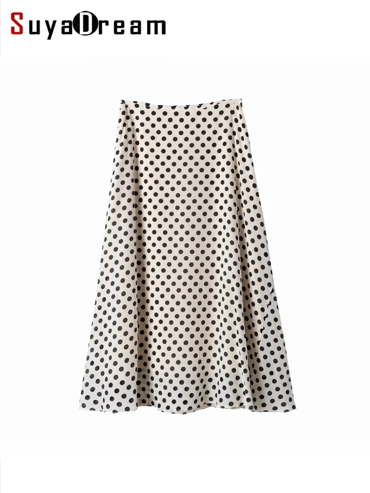 

SuyaDream Dots Skirt for Woman 100%Real Silk A-Line Printed Side Zip 2023 Spring Summer Long Office Lady Skirts White Black