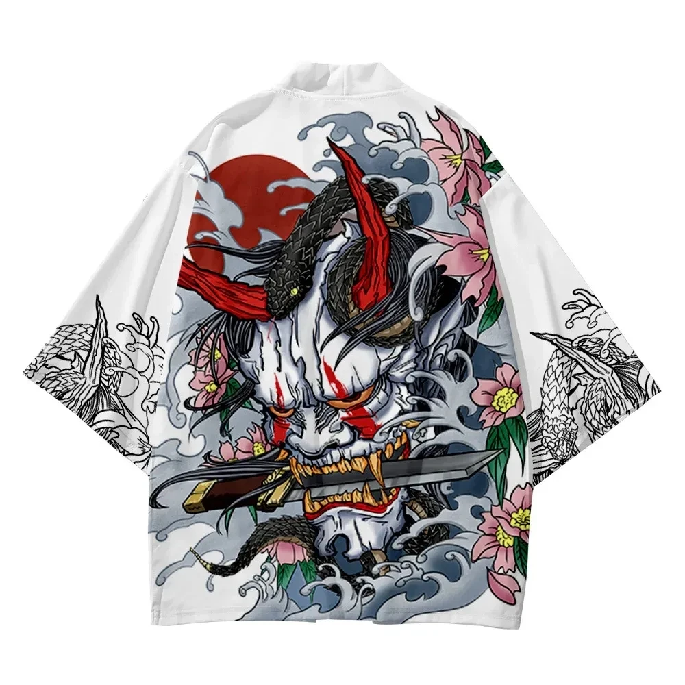 Summer Demon Snake Print Cardigan Men's Chinese Dragon Pattern Japanese Kimono Plus Size Asian Traditional Costume Cosplay Coat