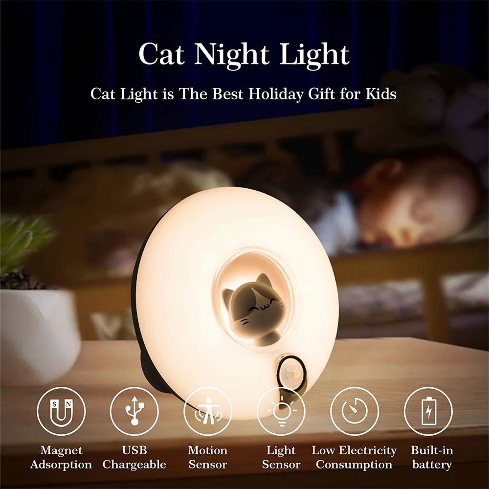 

Led Motion Sensor Night Light Magnetic Adjustable Brightness Under Cabinet Lighting USB Cordless Rechargeable Night Lamp For Kid