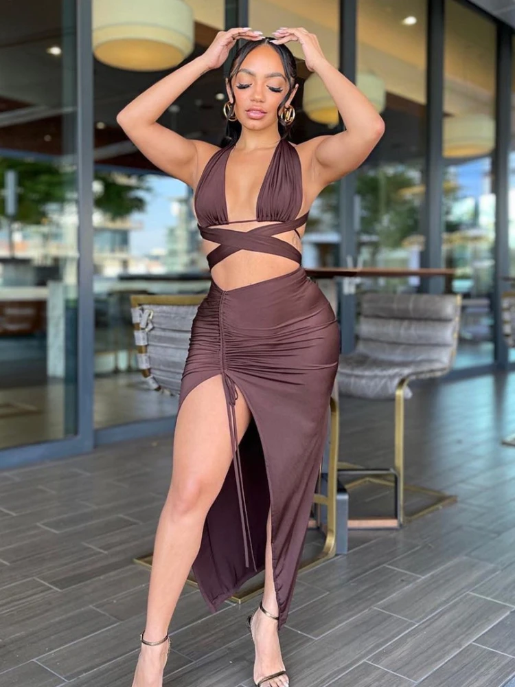 

Women Two Piece Set Sexy Low Cut Bandage Lace Up Crop Top+High Split Drawstring Ruched Long Skirts 2022 Summer Casual Outfits