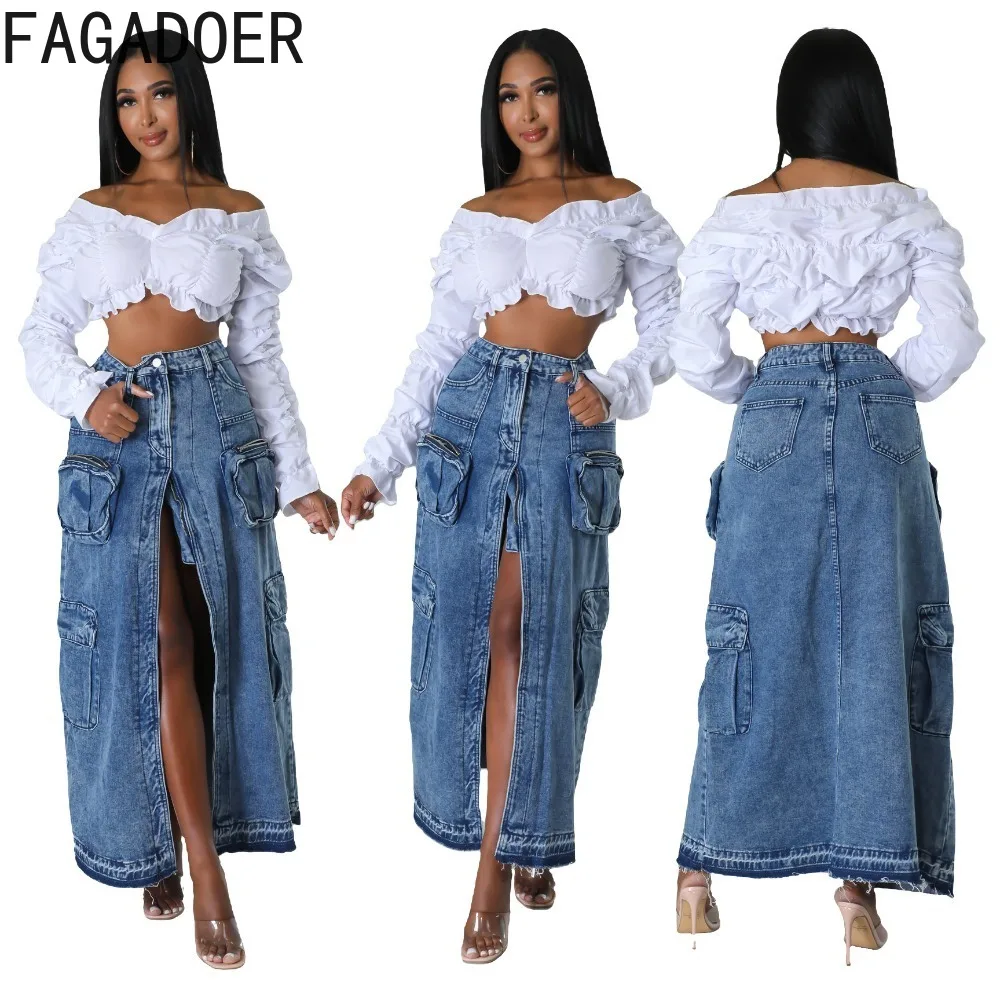 FAGADOER Blue Vintage Fashion High Slit Denim Skirts Women High Waisted Button Straight Mid Skirts Casual Female Cowboy Bottoms