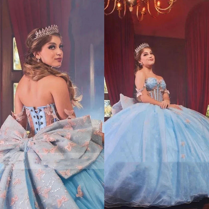 

Princess Qinceanera Dresses With Butterfly Lace Appliques Bow Back Corset Floor Length Tulle Prom Occasion Dress For 15 Girls