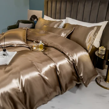 Set biancheria da letto in seta solida con copripiumino Lenzuolo Federa Lusso Singola Doppia Coppia Federe in raso rayon Lenzuolo 1