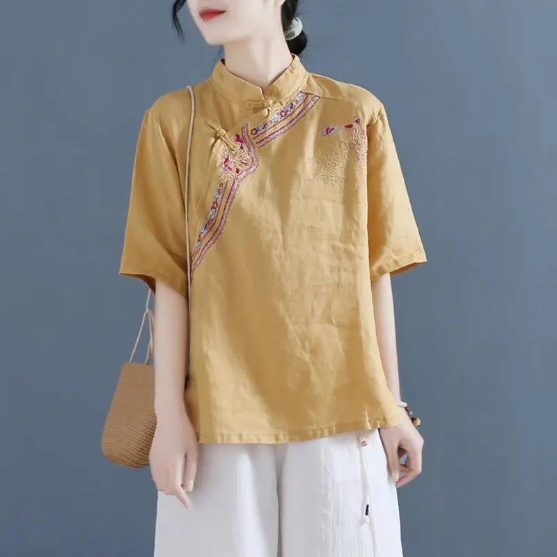 Traditional Chinese Shirt Retro Folk Tea Clothing China Style Tops Embroidery Women Daily Cotton Linen Blouse Spring Summer
