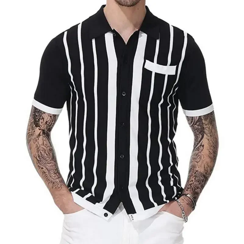 

Men's 2023 Summer Street Fashion Casual Black Stripe Sweater Short Sleeve Slim Business Polo Shirt
