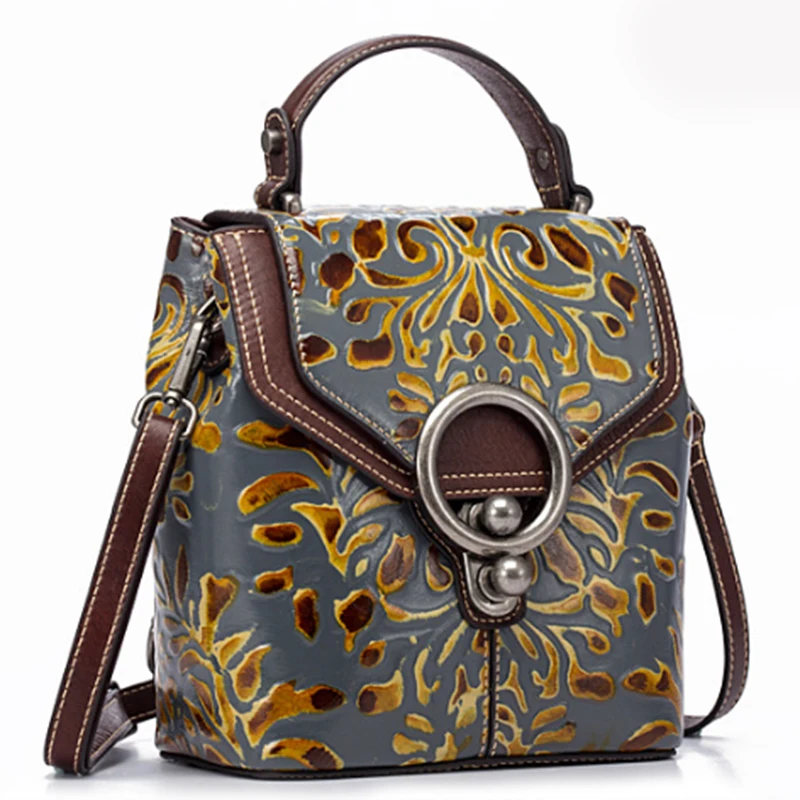 Embossed Genuine Leather Backpack Knapsack Cross body Bags Female Small Daypack Retro Women Shoulder Bag Design Rucksack 3