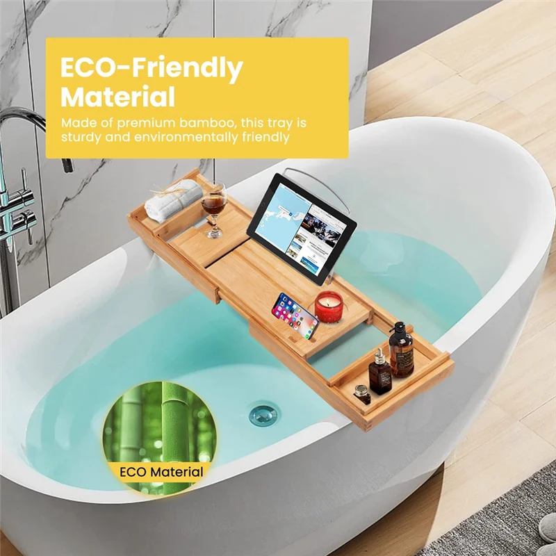 1 PCS Bamboo Expandable Bathroom Organizer Bathtub Storage Board With Cellphone Tablet And Wine Book Holder B