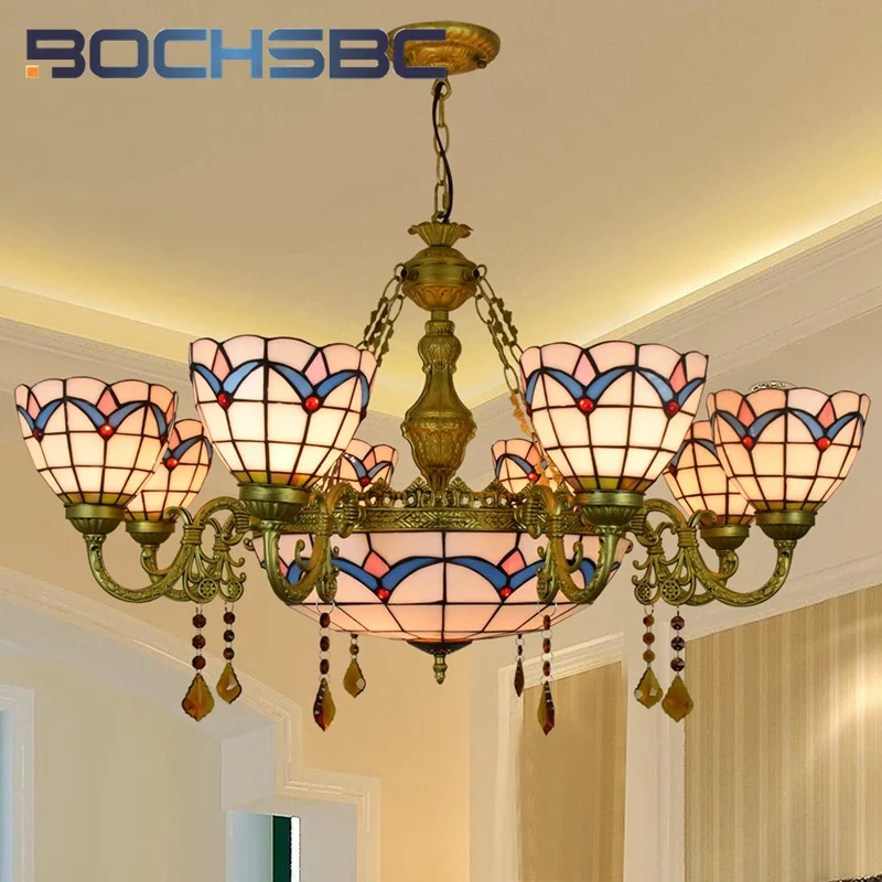 

BOCHSBC Tiffany style stained glass Mediterranean Magnolia Multi-head crystal chandelier Living Room Restaurant Hotel LED decor