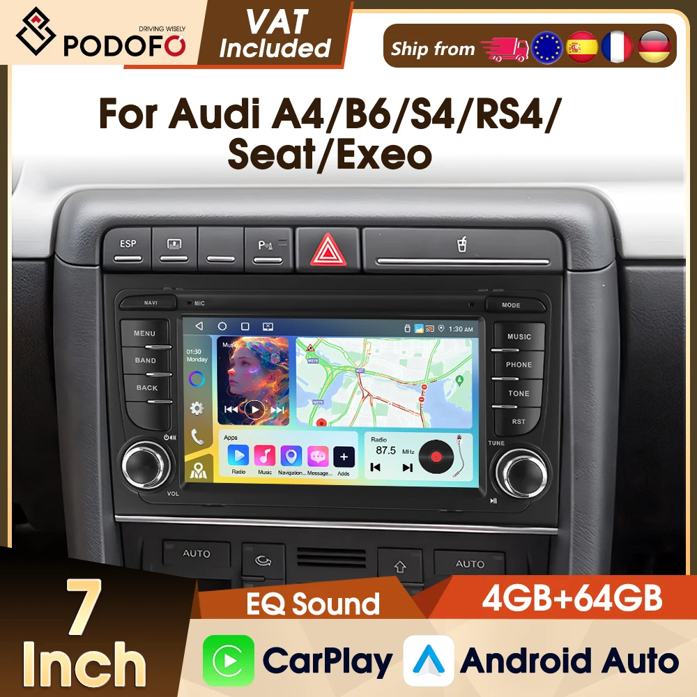 Reproductor de radio para coche Podofo de 7'' con Carplay inalámbrico para Audi A4 2002-2007 S4 RS4 B6 B8 B7, Android Auto, Wifi, GPS, FM, RDS, reproductor multimedia para coche 1