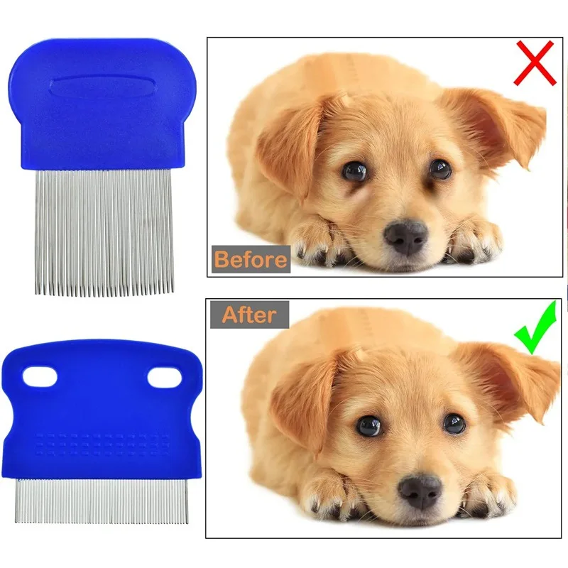 A split-screen promotional graphic showing a small tan puppy. The top "Before" image shows the puppy with a red "X" and messy, unkempt fur. The bottom "After" image shows the puppy with a green checkmark and smooth, neatly groomed fur. To the left, two different blue plastic pet combs with fine metal teeth are displayed.