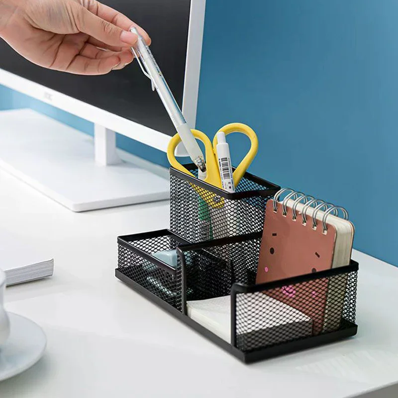 Organizzatore da Scrivania Creativo in Metallo, Portapenne e Portadocumenti con 3 Scomparti, Accessori per Ufficio - immagine 3