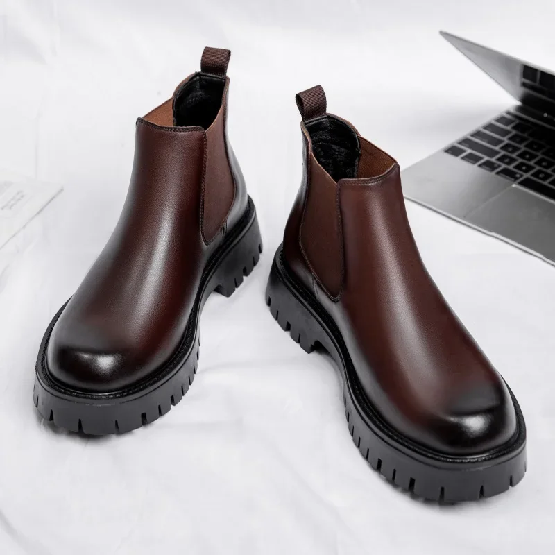Italian Men's Boots High Top Outdoor Chelsea Boots Leather Ankle Men Platform Round Toe Boot