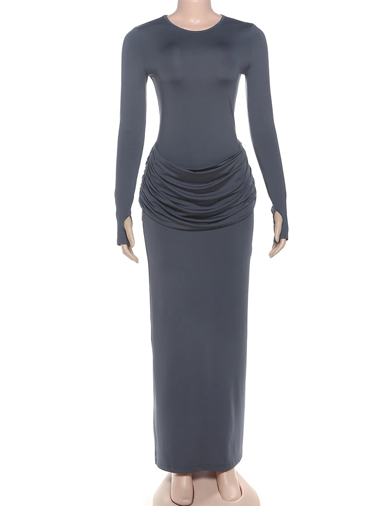 Nibber Casual Ruched Elegant Long Dresses Woman Autumn Style Classic o-Neck Full Sleeve Skinny High Waist Robe Basic Vestidos