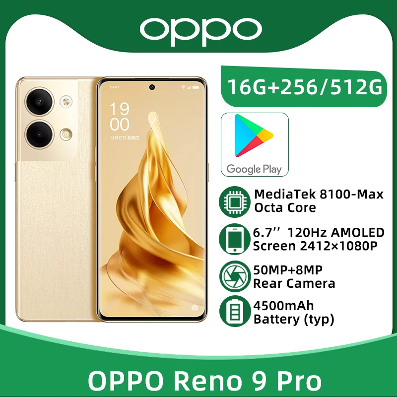 

OPPO Reno 9 Pro 16GB 256GB MediaTek 8100 Max Octa Core 6.7'' 120Hz AMOLED Screen 50MP Camera 4500mAh 67W Charger