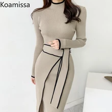 

Koamissa Dress Women Long Sleeves Stand Midi Dress Fashion Solid Elegant Lady Sweater Dress Knitted Female Bandage Bodycon Robe