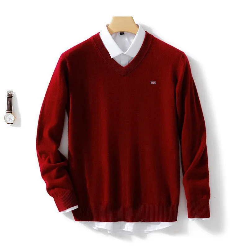 Autumn Winter Korean New 60 Mink Cashmere Men's Cold Top Solid V-Neck Pullover Casual Soft Sweater Plus Size 5XL 3