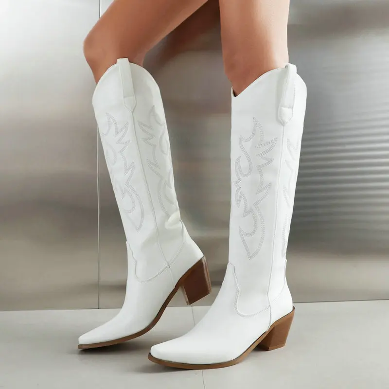 

Женские ковбойские сапоги до колена, ковбойские сапоги на танкетке, с вышивкой, Осень-зима 2023