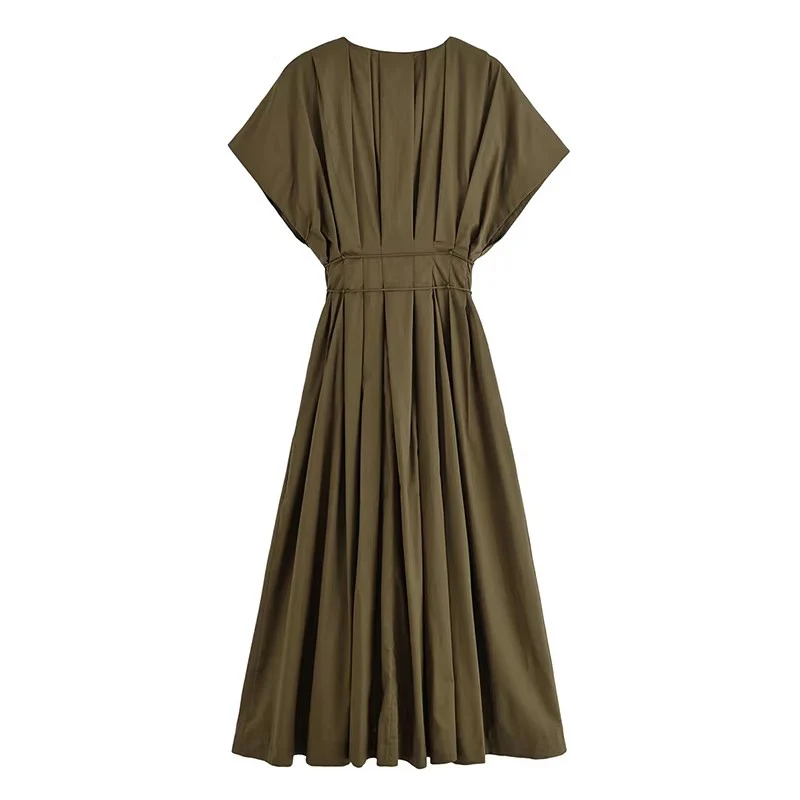 Vintage Casual Chic Pleated Lace Up Dress Women Fashion Short Sleeve Slim  Long Dresses Female Summer Holiday Party Dress