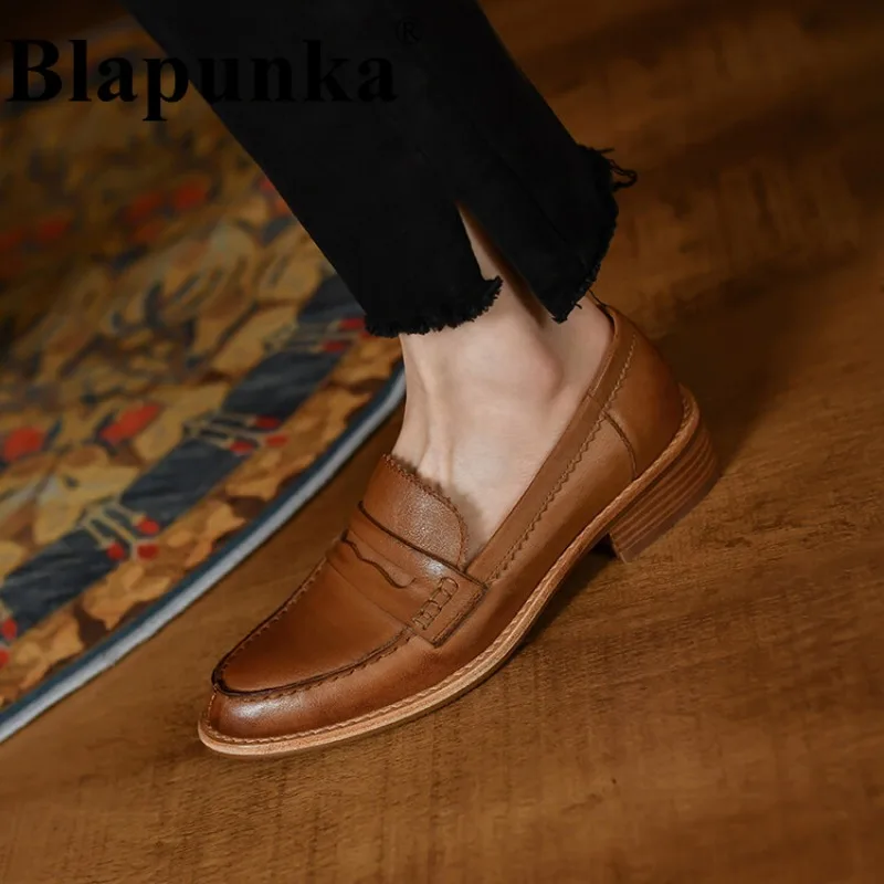 

Blapunka Genuine Leather Loafers Women Slip-on Round Penny Loafer Woman Casual Shoes Spring Autumn Black Brown Footwear 40 Retro