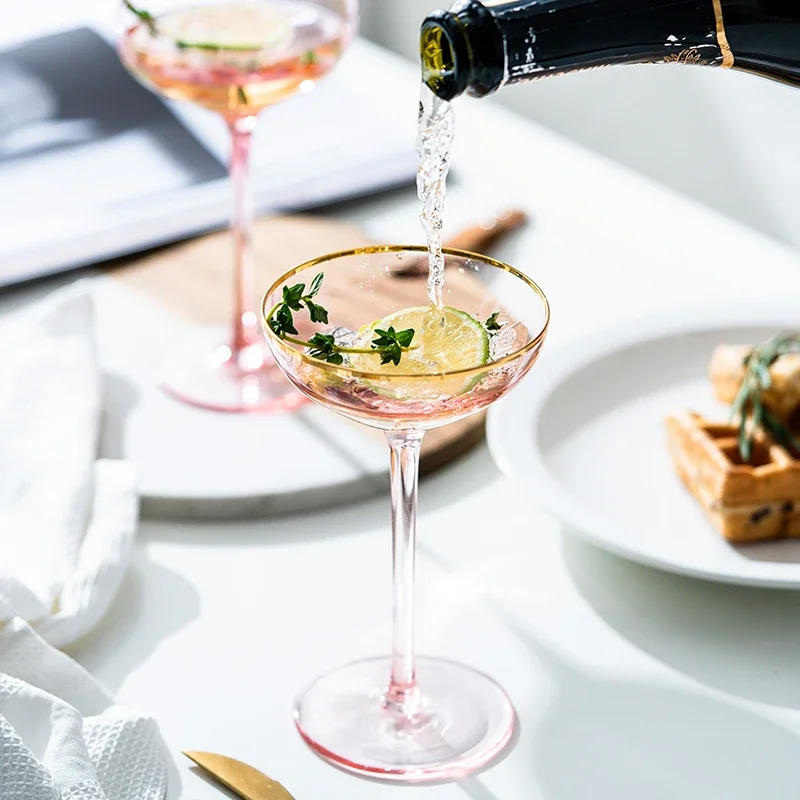 Nordic Cocktail Glass Goblet, Lead-Free Crystal Wine Glasses, Pink Gold Foil, Sweet Champagne Glasses, Drinking Cup Glass Cup