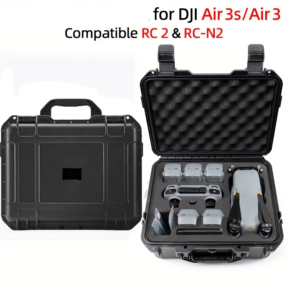 Vue éclatée de la mallette étanche pour DJI Air 3S et Air 3, mousse découpée pour drone, télécommande et accessoires.