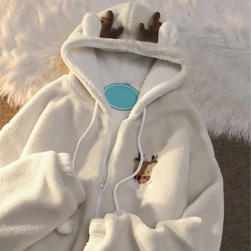 Japanese Oversize Christmas Elk Lamb Fleece Cotton Dress Men's and Women's Winter Hoodie Streetwear Women Kawaii Y2k Clothes
