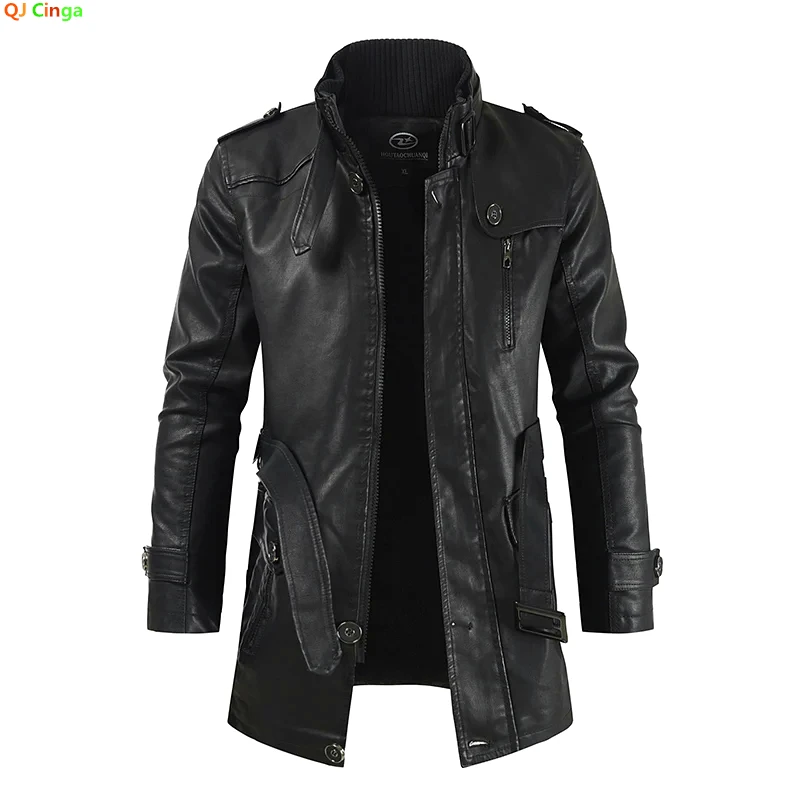 Winter Men's Thick Fleece Leather Jacket Coat Long Outwear Fashion Warm Casual Vintage Clothing for Men Steampunk Biker Jaqueta