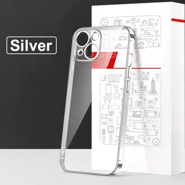 Luxury Plating Transparent Soft Silicone Case for iPhone 13 11 12 Pro Max Mini XR X XS Shockproof Clear Cover Camera Protect Silver