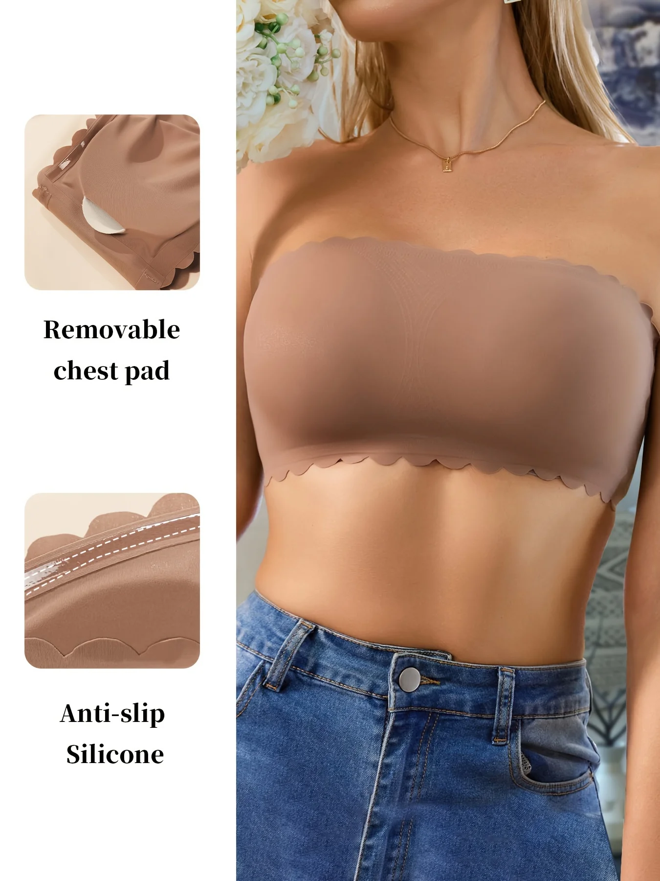 Hot Sale New Design Effective Slip-proof Scallop Side One Piece Bralette Padded Ice Silk Seamless Strapless Bra For Women 4