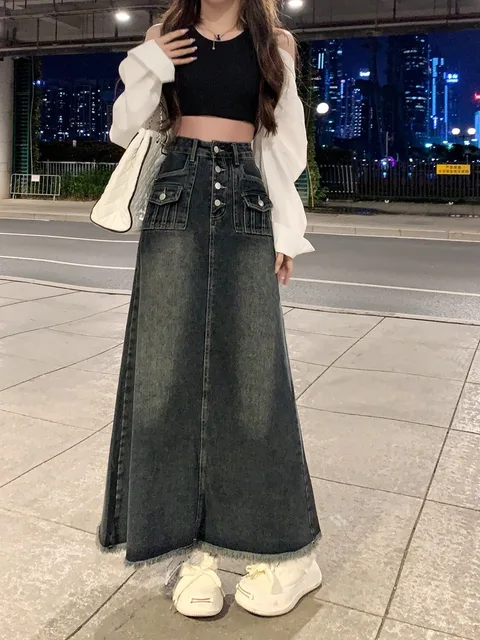 Elegant Hong Kong Style High Waist Raw Hem Denim Skirt Fashion Vintage A-Line Midi Indie Design Comfortable Long Denim Skirt