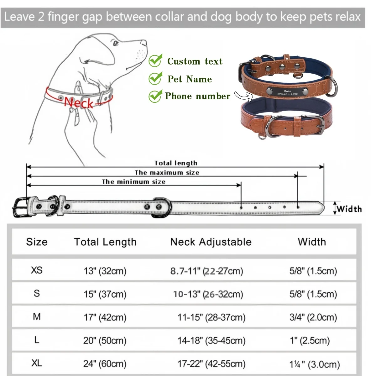 ID Tag Dog Collar Bone Printed Soft Padded Personalized Nameplate ID Leather Dog Collars for Small Medium Large