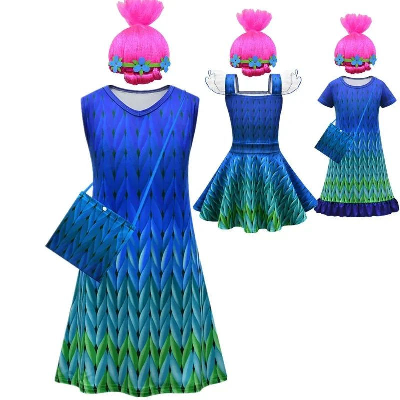Halloween Neonate Abiti Trolls 3 Poppy Costumi Cosplay Vestito Estivo Per Ragazze Bambini Fancy Birthday Party Dress Con Set Di Parrucche
