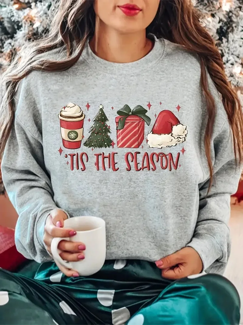 Christmas Graphic & Letter Print Sweatshirt, Casual Long Sleeve Crew Neck Sweatshirt For Fall & Winter, Women's Clothing